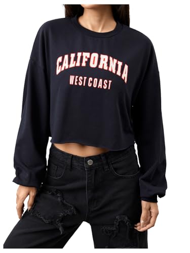 SweatyRocks Women's Casual Long Sleeve Crew Neck Letter Print Crop